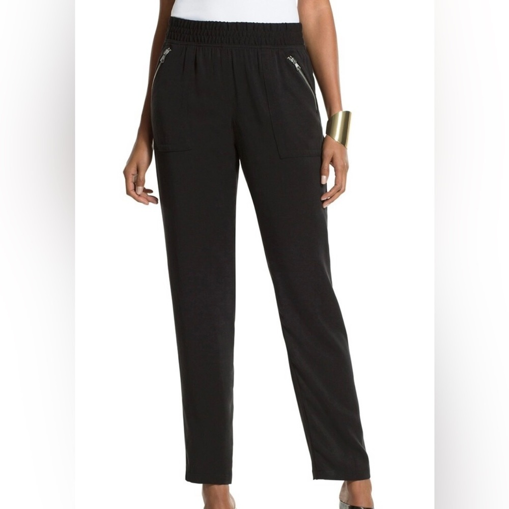 Chico’s| Black Utility Ankle Pull On Pants,Stretch Waist & Zip Detail, Size L•••